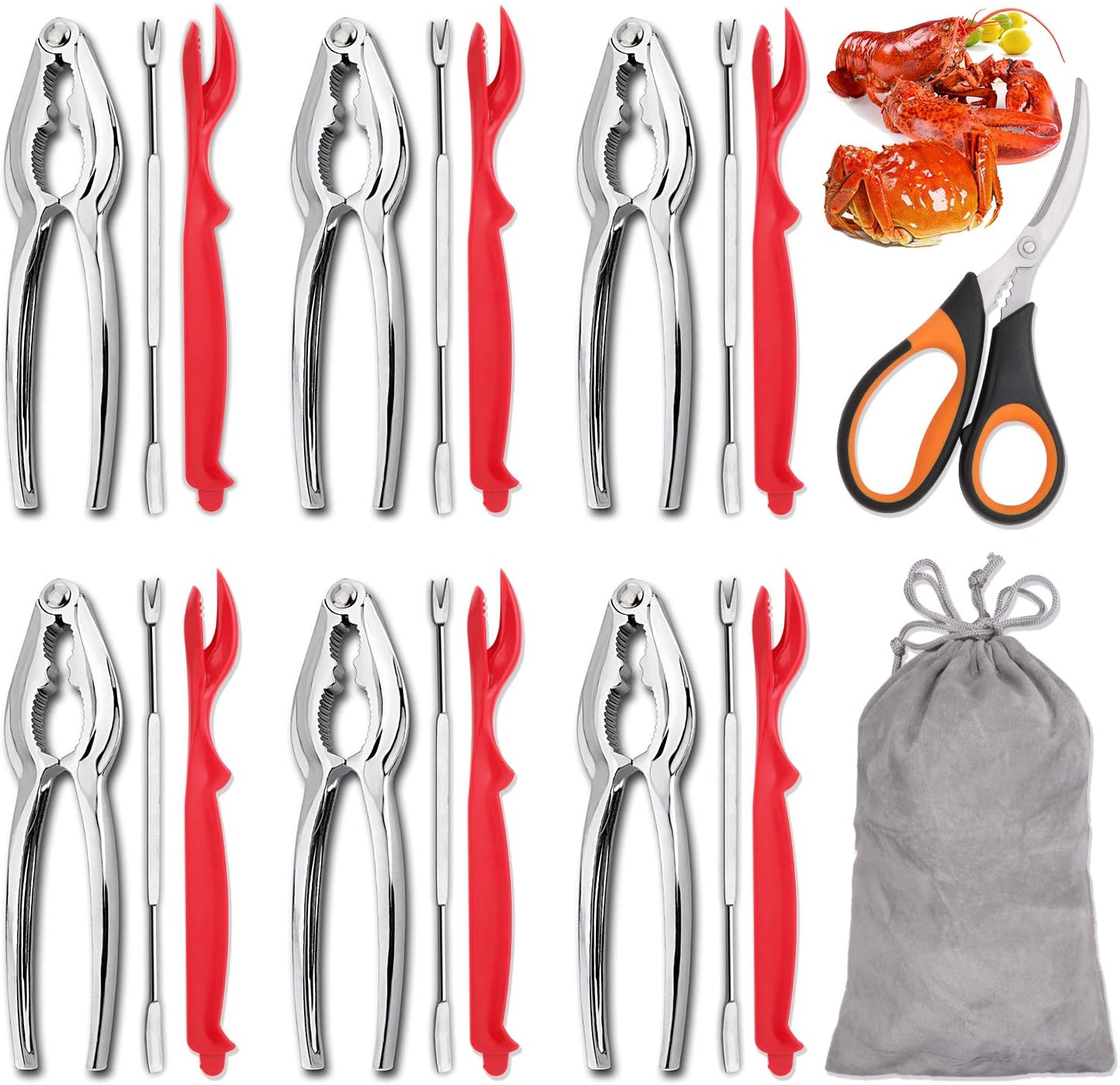 Hiware 19-piece Seafood Tools Set includes 6 Crab Crackers, 6 Lobster Shellers, 6 Crab Leg Forks/Picks and 1 Seafood Scissors & Storage Bag - Nut Cracker Set: Home & Kitchen