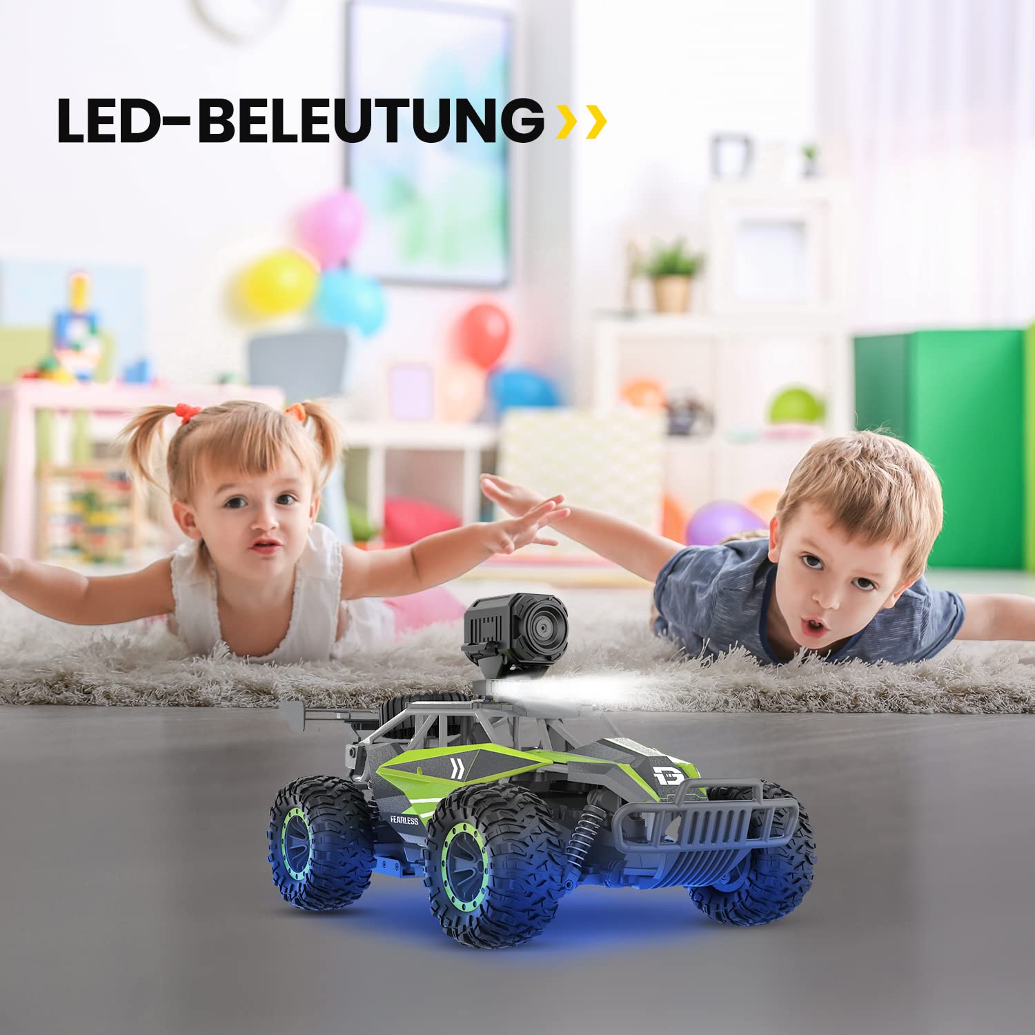 DEERC Zdalnie sterowany samochód z kamerą HD 1080p, samochody 1:16 RC ze światłem LED, zabawka Monster Truck 2,4 GHz, 2 baterie do 60 minut, prezent dla dzieci i chłopców