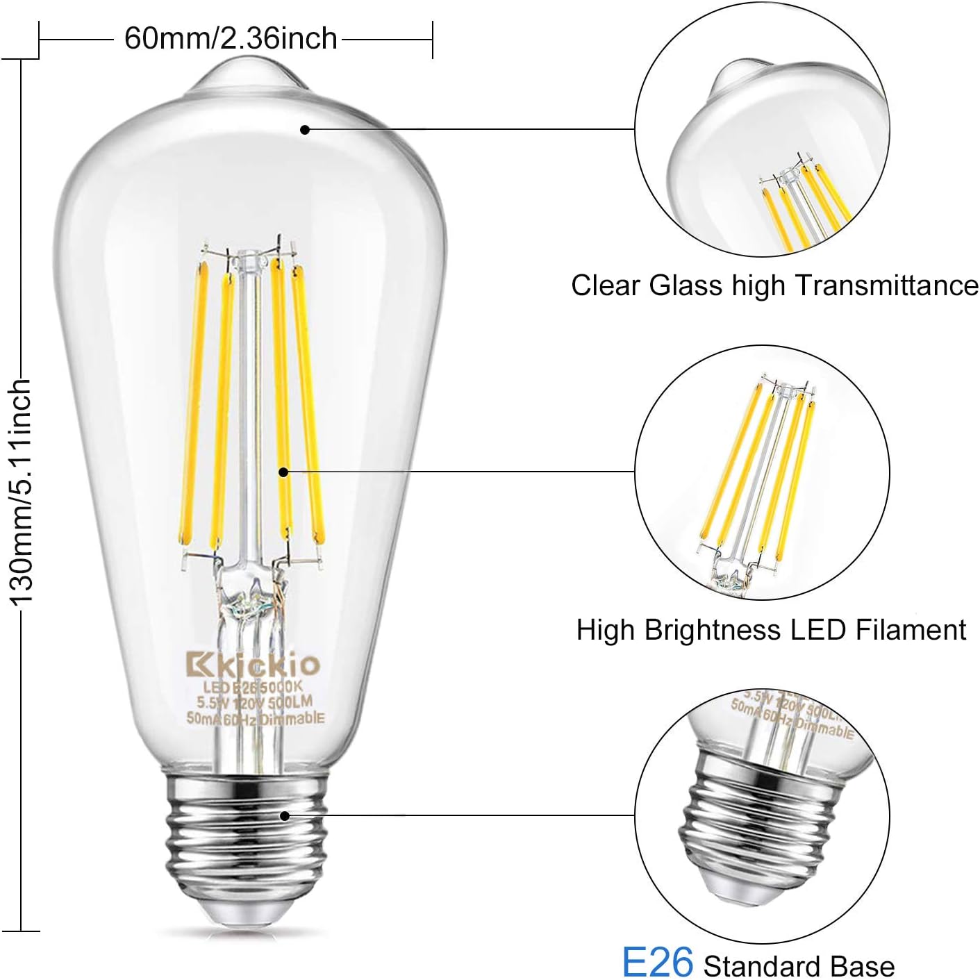 Kicikio Vintage LED Light Bulb, Glass ST21/64 Antique Edison Style, Dimmable 5.5W (60 Watt Equivalent), 500LM 5000k Daylight White, E26 Decorative Filament Bulb, UL Listed, 10 Pack
