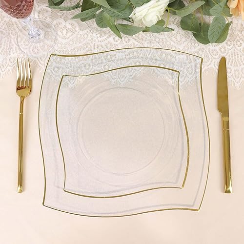 Efavormart - Paquete de 10 platos llanos cuadrados de plástico duro con borde ondulado transparente y dorado de 8 pulgadas, platos desechables para