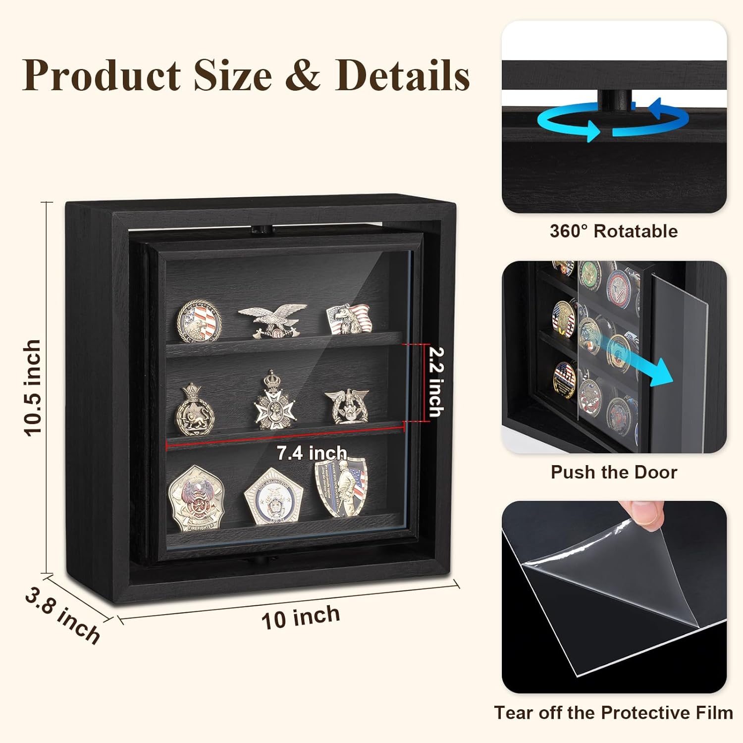 Emfogo Double-Sided Rotating Challenge Coin Display, Wooden Military Coin Holder Holds 33 Coins for Desktop, 6-Row Display Stand for Honoring Veterans & Collectors (Black)