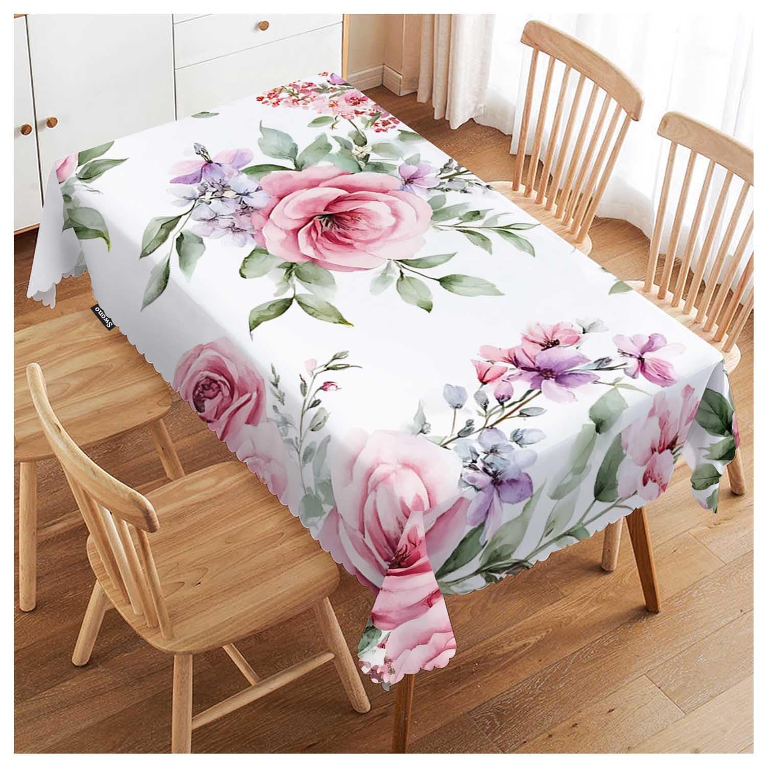 Rose Table Cloth Rectangle Tables Watercolor Pink Flowers Rose Leaves Kitchen Table Cover Oblong 52"X70" Tablecloth for Dining Table Buffet Parties Patio and Camping