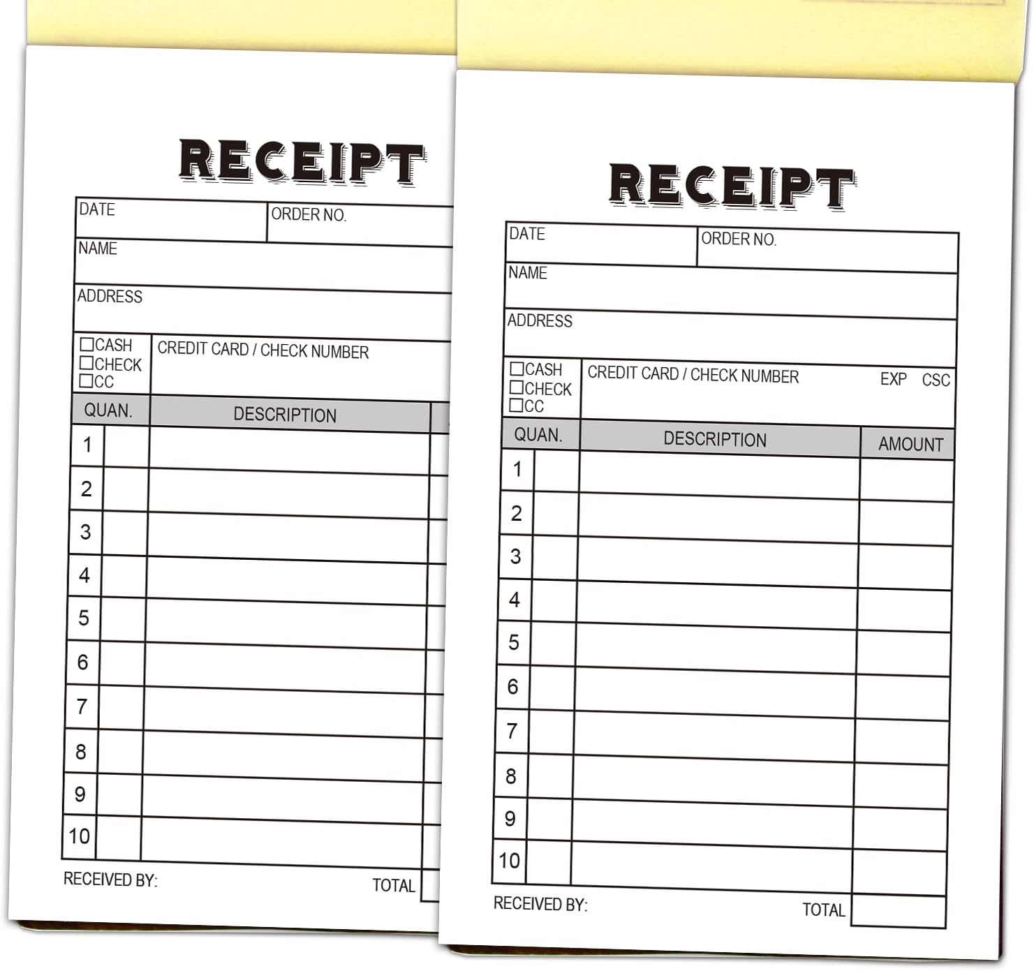 2-Pack Receipt Pad, Sales Receipt Form, Order Book, Invoice Booklet for Small Boutique Business, 3.4"x5.5" Handheld, 100 Sets Carbonless-White/Yellow.