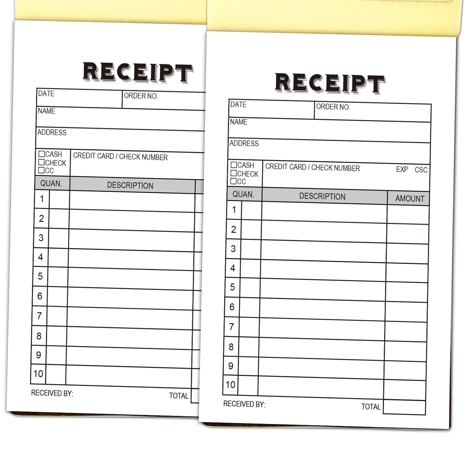 2-Pack Receipt Pad, Sales Receipt Form, Order Book, Invoice Booklet for Small Boutique Business, 3.4"x5.5" Handheld, 100 Sets Carbonless-White/Yellow.