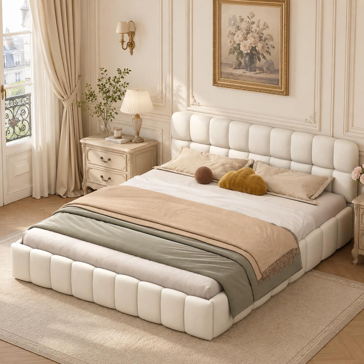 OLIVIBED Double Bed Frame with Headboard, 4ft6 Ottoman Bed with Slatted Frame, Modern Style Upholstered Bed in Linen Fabric, No Mattress, 135x190cm, Beige