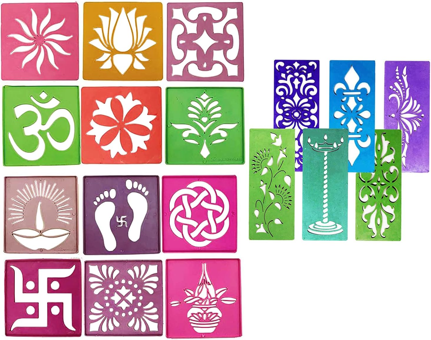12 Different Design Draw Rangoli Making Kit Rangoli Stamp Om Swastik Flower Design Colourful Rangoli Making Stencils & 6 Border Stencils Multi Designs