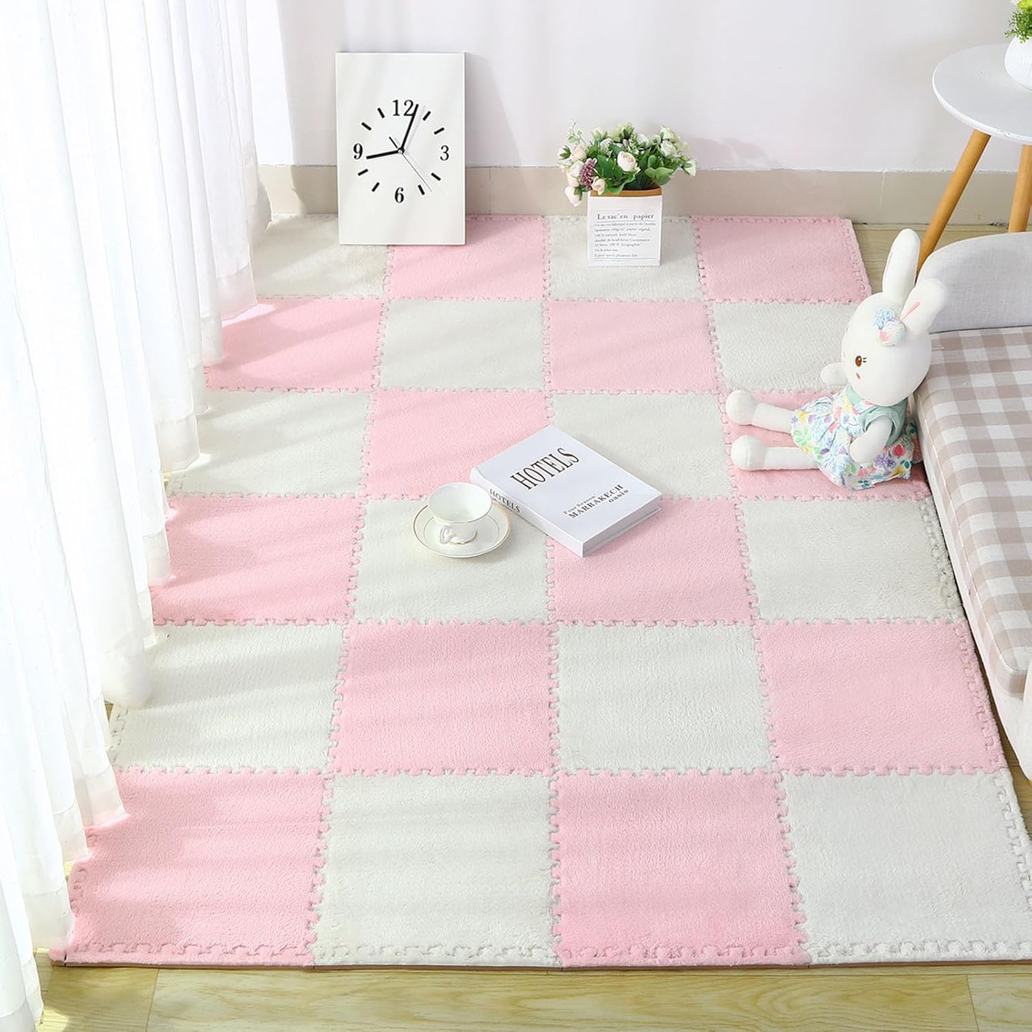 LoiYtrd 16 Pieces Foam Play Mat With Border Interlocking Plush Puzzle Carpet Tiles 30x30cm Square Foam Mat(White+Pink)