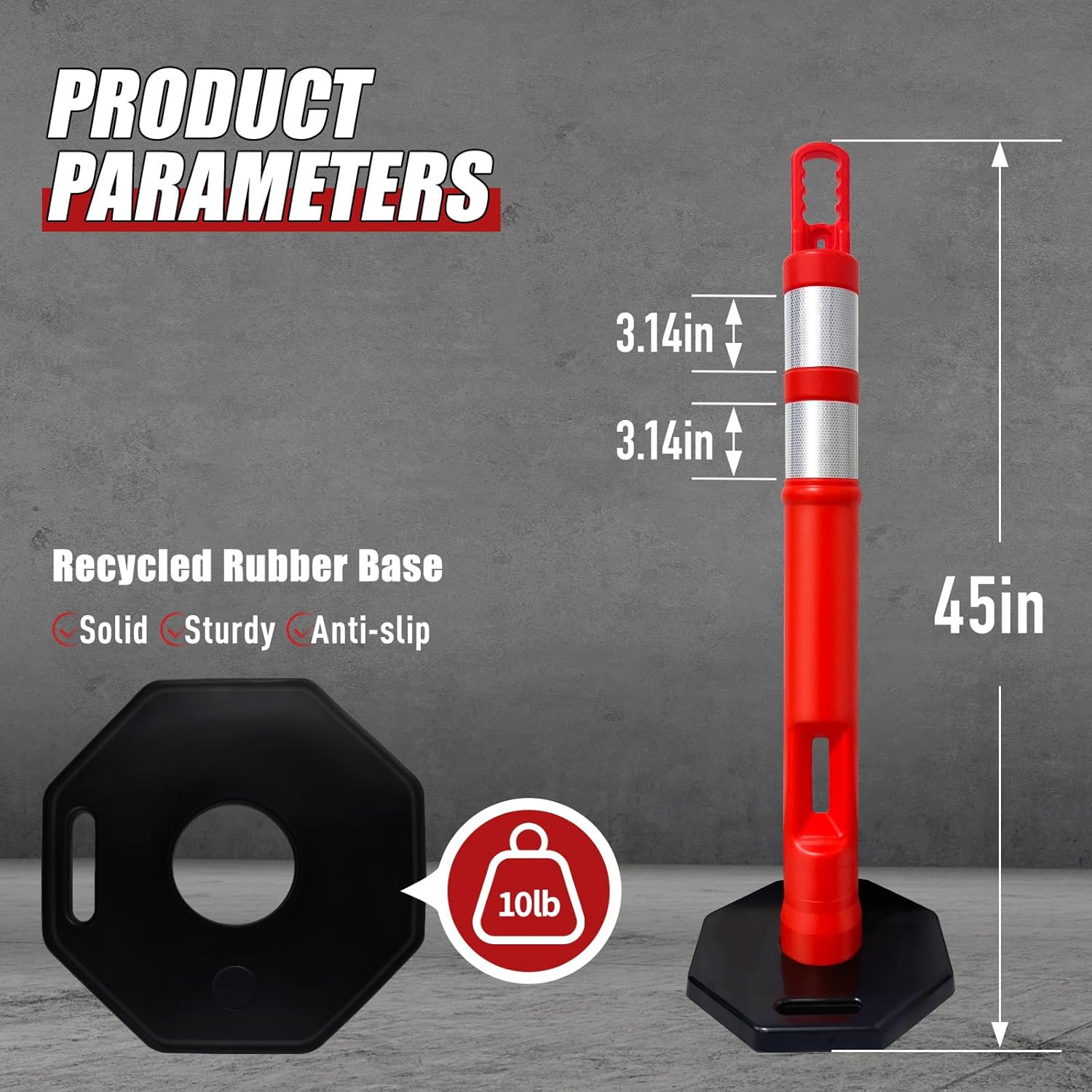 (Pack of 3 Sets) CJ Safety 45" inch Orange Delineator Post Cone with 10 lbs. Rubber Base Heavy Duty, 2 Reflective Bands for Driveway, Parking Cones (Set of 3 (Post & Base))