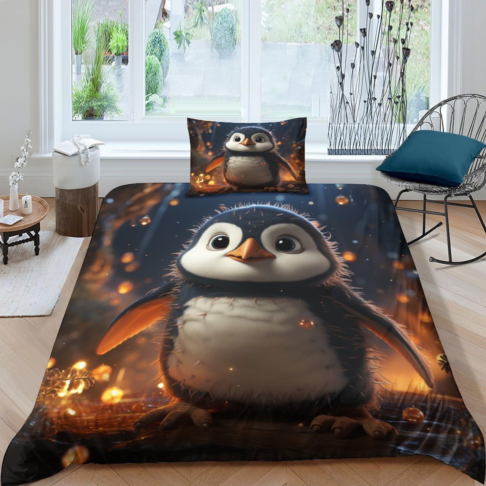 OPSREY Penguin Doll Warmth Duvet Cover Set Hidden Zipper Quilt Cover Set with Pillowcases Bedding Set Soft Microfiber Baby Penguin Comforter Cover Various Sizes for Kids Adults SingleοΌ135x200cmοΌ