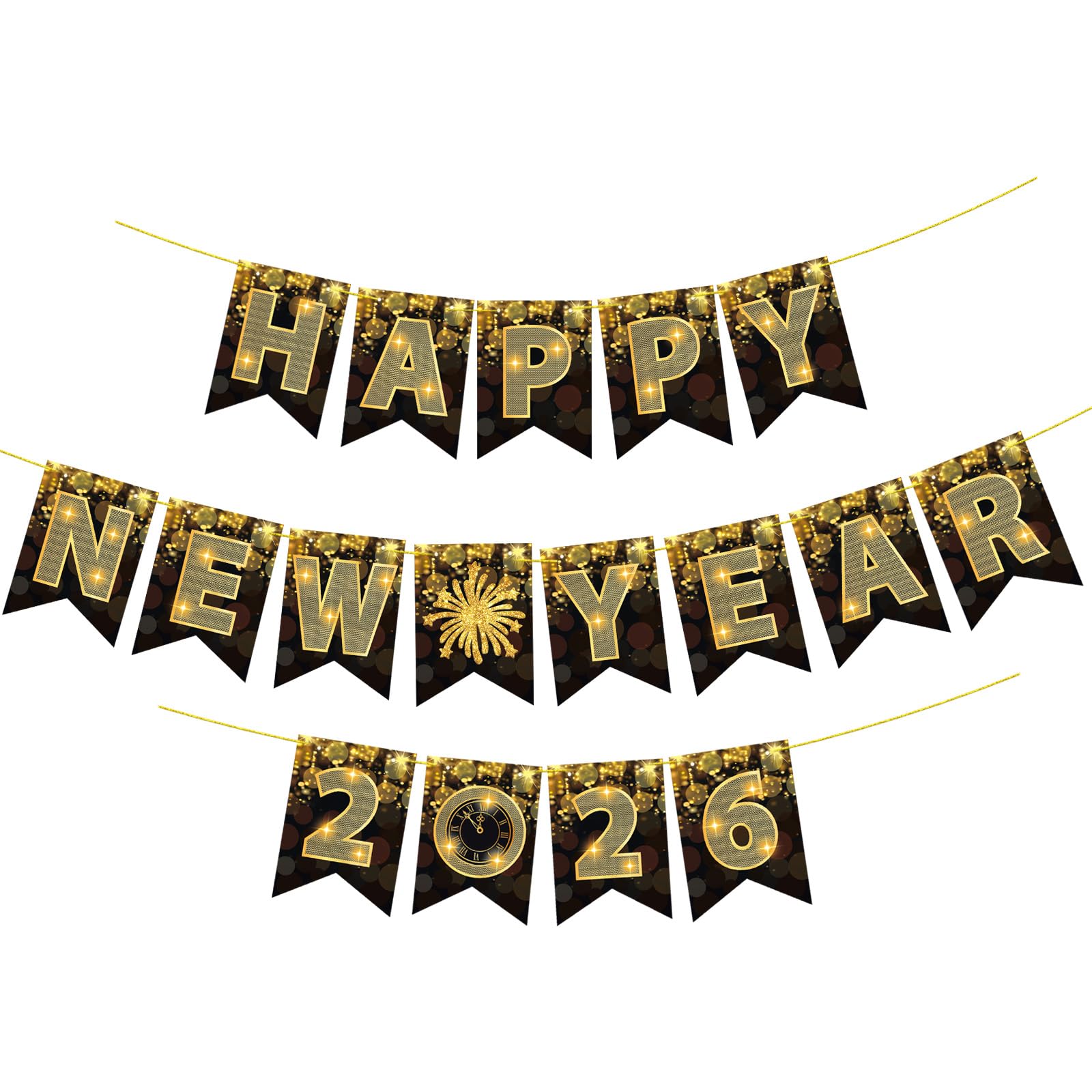 YQUQWN Happy New Year Banner 2026 No DIY Black Gold New Years Eve Banner for 2026 New Year Party Decorations Supplies Favors
