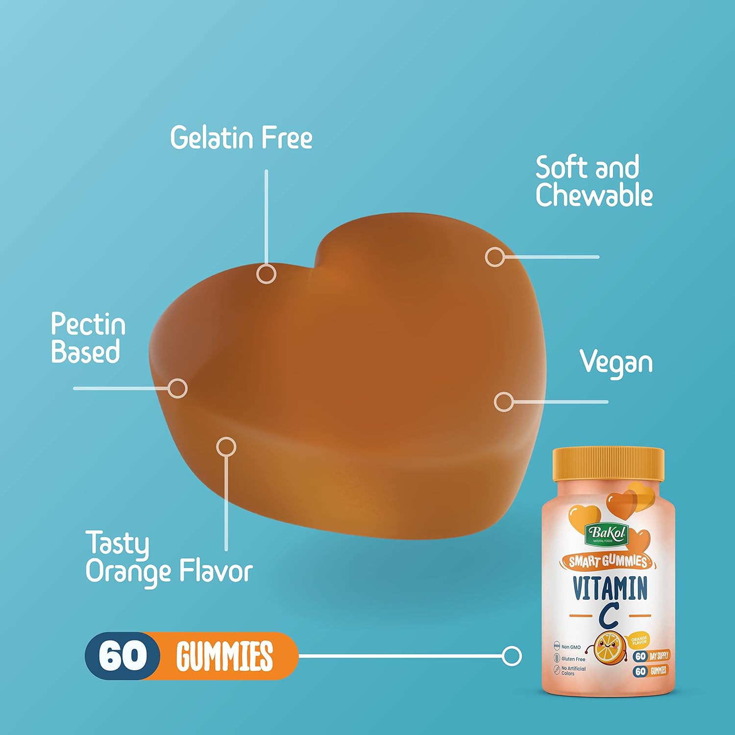 Bakol Chewable Vitamin C Gummies for Kids Ages 3 and Up - Natural Vitamin C Supplement with Rose Hips, Non-GMO, Gluten-Free, No Artificial Colors - 60-Count Orange-Flavored Gummies (Vitamin C)