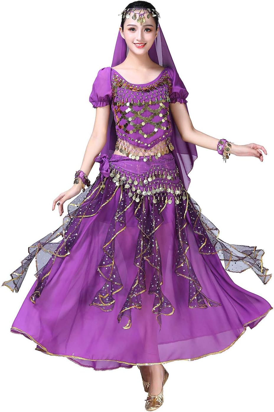 Women Belly Dance Dress Indian Bollywood Halloween Costume Chiffon Skirts Shiny Belly Dance Suits 5-Piece Outfit