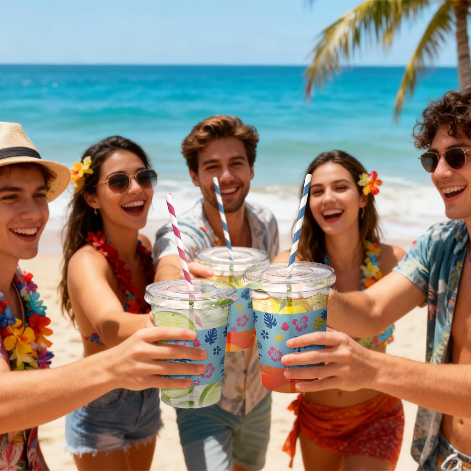 60 Sets Tropical Hawaii Birthday Party Decorations, 14 oz Disposable Plastic Cups with Lids and Straws, Alien Cartoon Summer Palm Leaves Luau Hibiscus Party Favors Drink Coffee Supplies