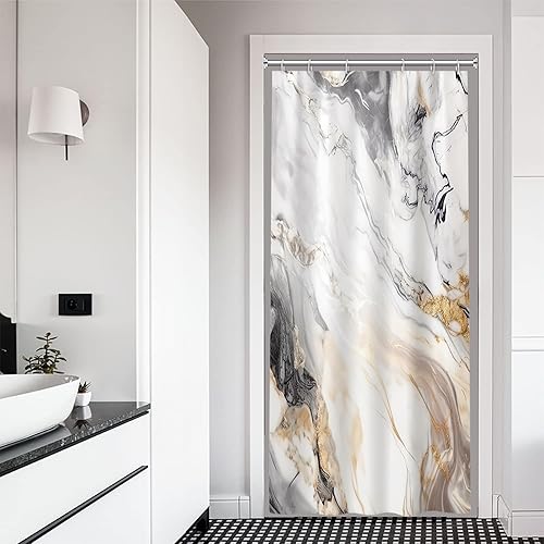 Ruelvth Cortina de ducha pequeña, diseño de mármol blanco y gris, moderno, abstracto, impermeable, juego de cortina de ducha con ganchos, 36 x 72
