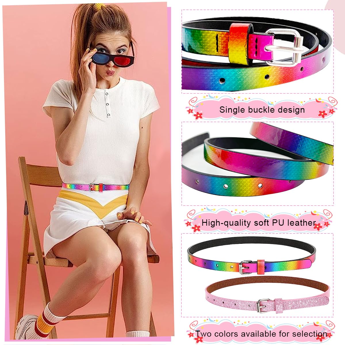 PALAY® 2 Pack Belt for Kids, Glittering PU Leather Girls Belt, Rainbow Waist Belt for Jeans Pants Dress, 35.4in Metal Buckle Belt for Kids Girl 6-12 Years Old (Pink & Rainbow) 1