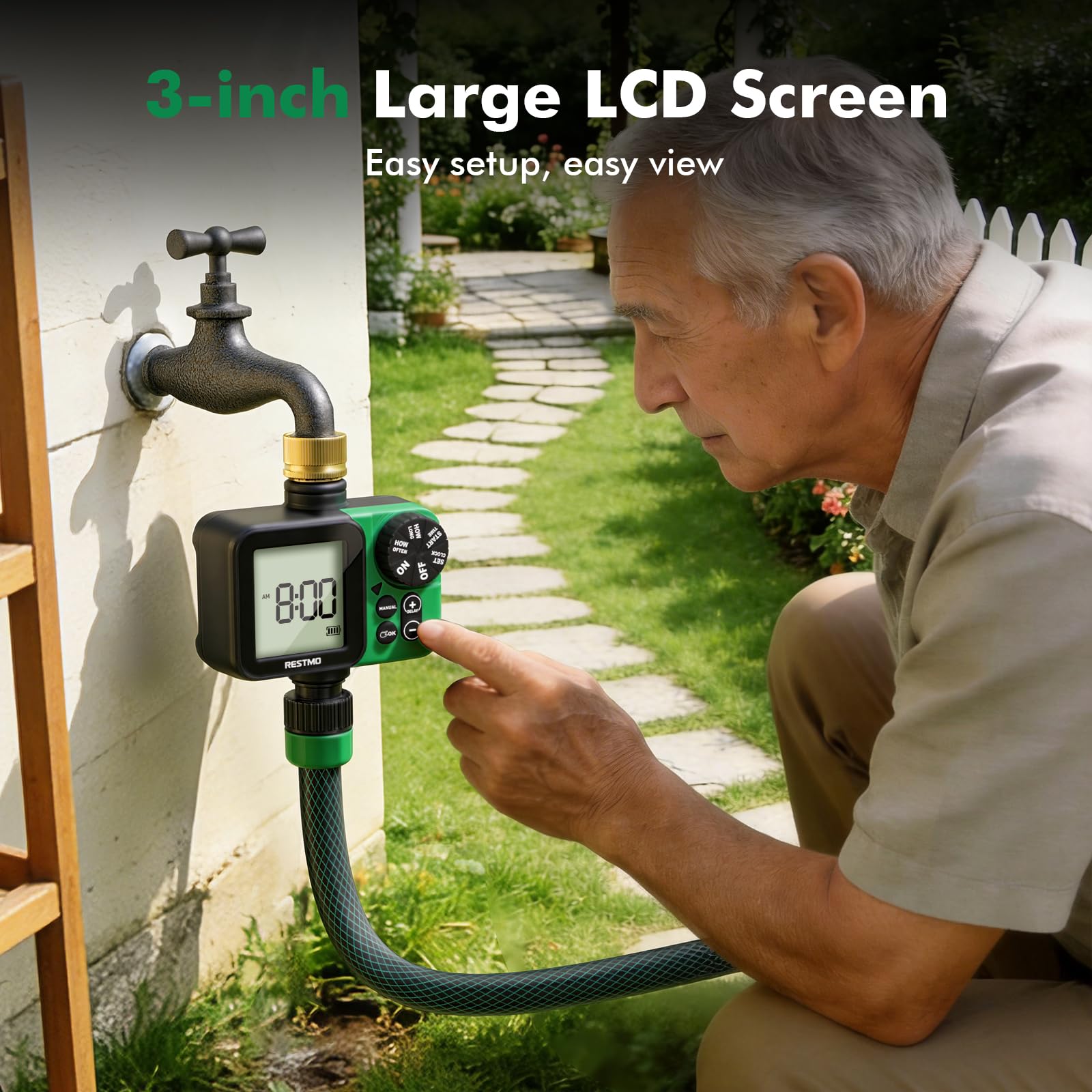 RESTMO Timer di irrigazione LCD di grandi dimensioni per rubinetto del tubo esterno, fino a 11h59m Timer di irrigazione programmabile per tubo di immersione, riempimento, nebulizzazione con ingresso