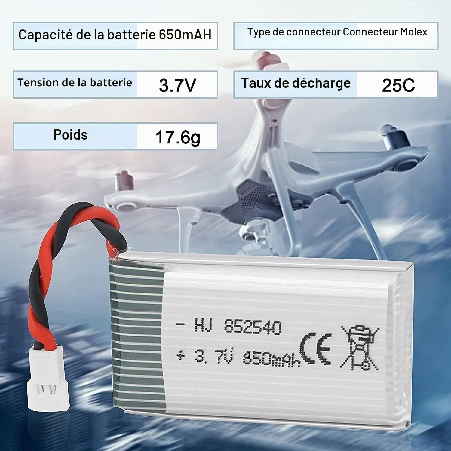 YUNIQUE GREEN-CLEAN-POWER - Pack 4 Batteries Li-po 850mAh 3.7V 25C pour Drones Syma X5SW X5SC | Chargeur Inclus | Léger et Durable, Argent | 48x25x14 mm - 20 GR