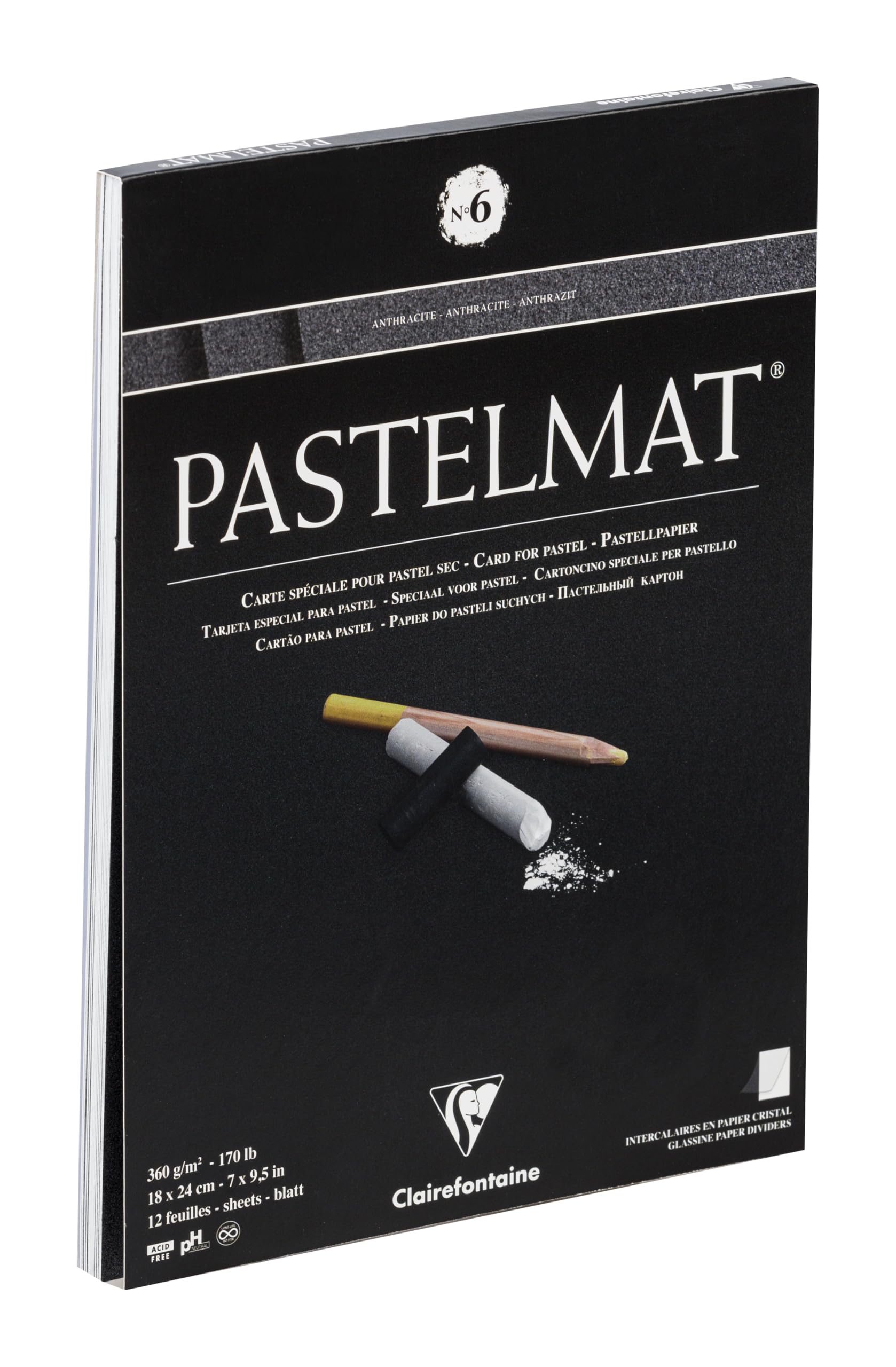 Clairefontaine - Ref 96003C - Pastelmat Pastel Card Pad No.6 (12 Sheets) - 360gsm Card - 18 x 24cm - Anthracite - Specially Formulated For Use With Pastels