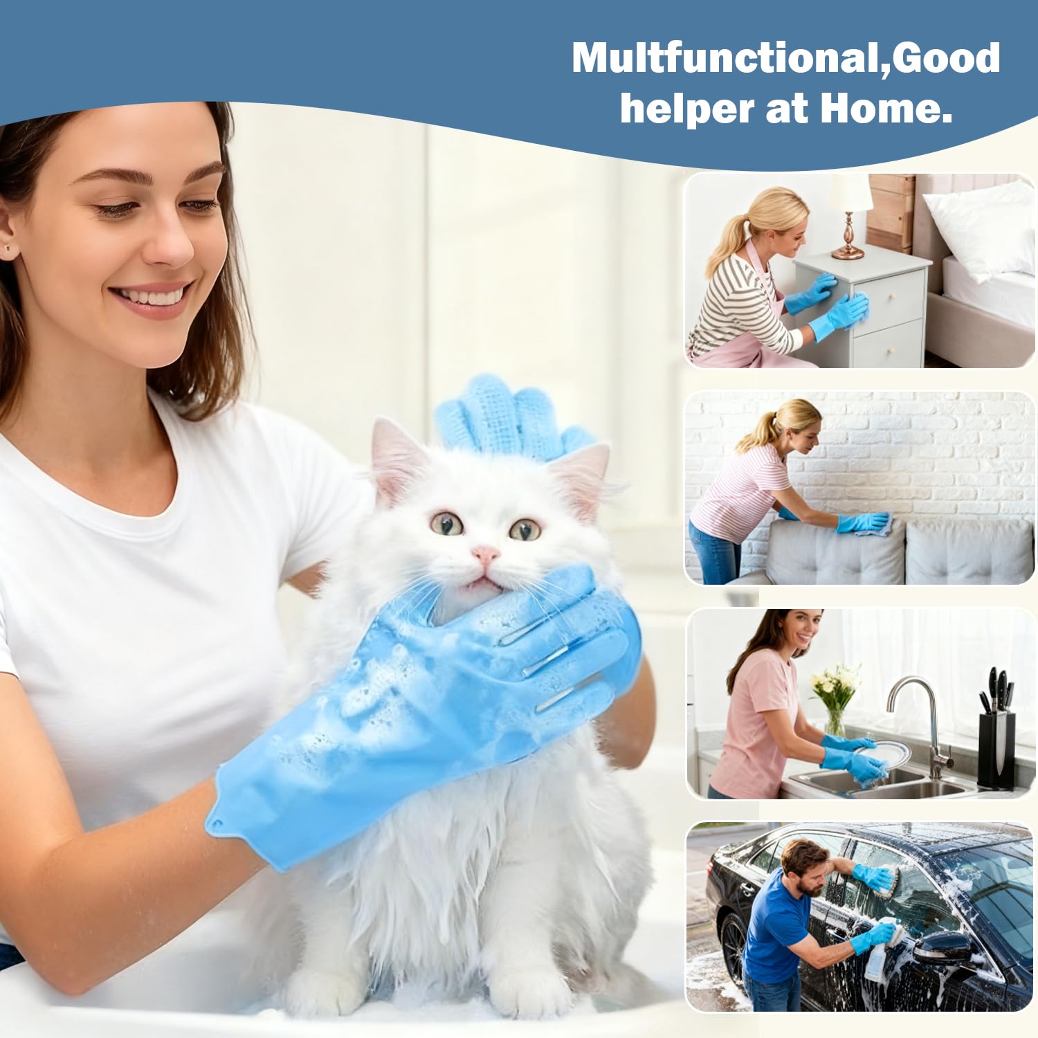 Pte - Guanti da toelettatura per animali domestici, resistenti ai morsi, con particelle antiscivolo, per uso bagnato e asciutto, sicuri per tutte le età. Ottimo come guanto per cani e gatti