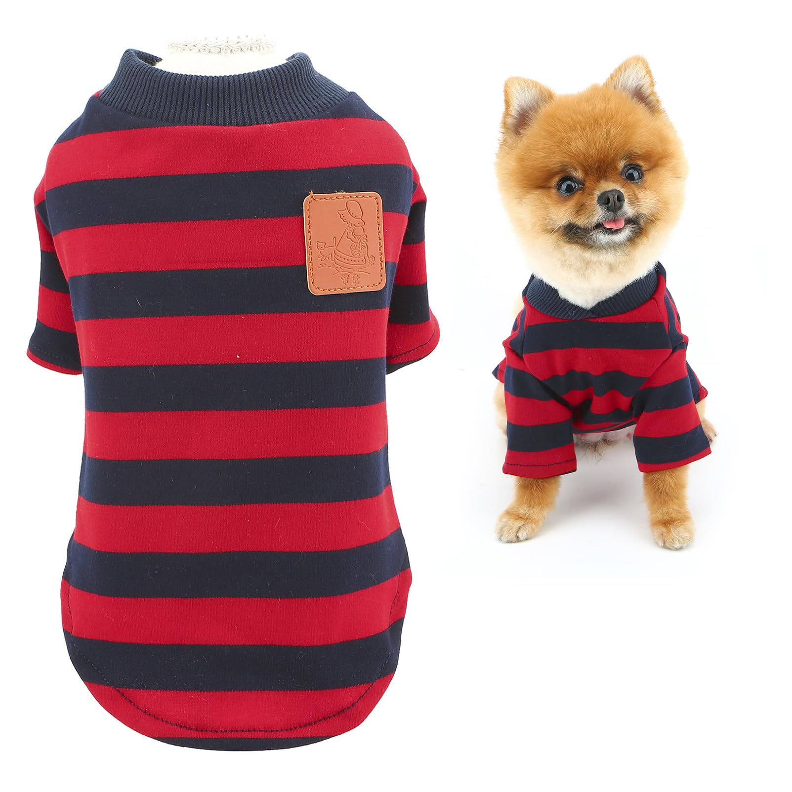 SMALLLEE_LUCKY_STORE Classic Striped Dog Shirt for Small Dog Pet Pullover T-Shirt with Patch Spring Summer Clothes Breathable Puppy Tee Shirt Chihuahua Yorkie Cat Apparel, Red, XL