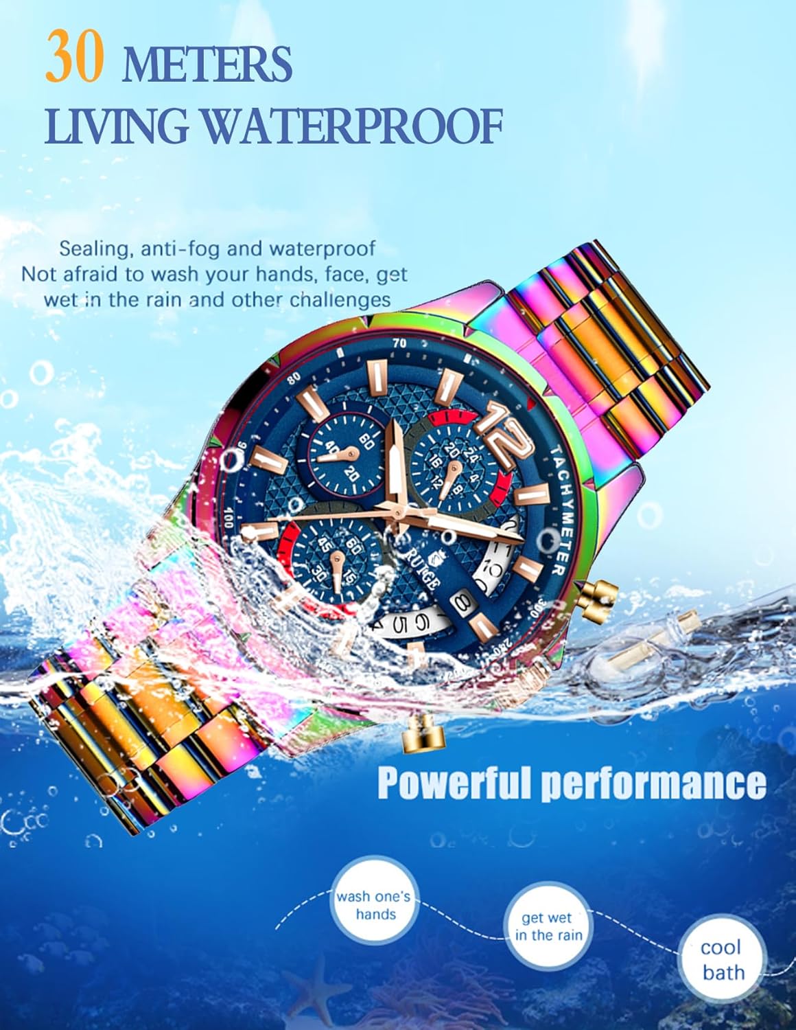 RUIGE Sports Chronograph Colorful Series Multi Functional Men's Quartz Watch Stainless Steel Material Men's Night Light Waterproof Fashion Trend Watch Diameter 42MM N3-3 - Image 6