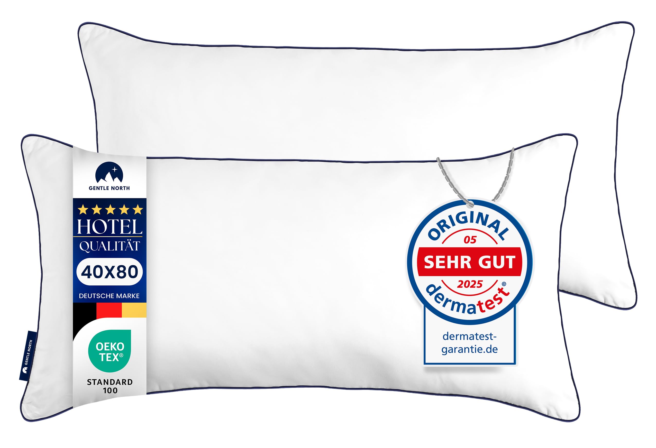 Gentle North Hochwertige Kopfkissen 40x80 cm groß in Hotelqualität - 2er Set Flauschige, gut gefüllte Schlafkissen für Allergiker geeignet (Ökotex 100 Zertifiziert)