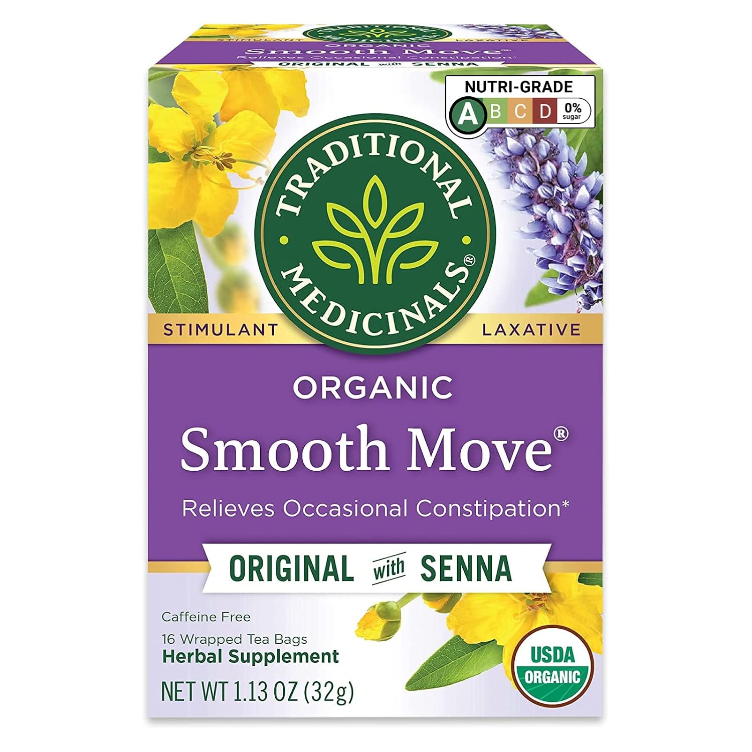 Traditional Medicinals Organic Smooth Move with Senna Herbal Tea, Relieves Occasional Constipation, (Pack of 1) - 16 Tea Bags