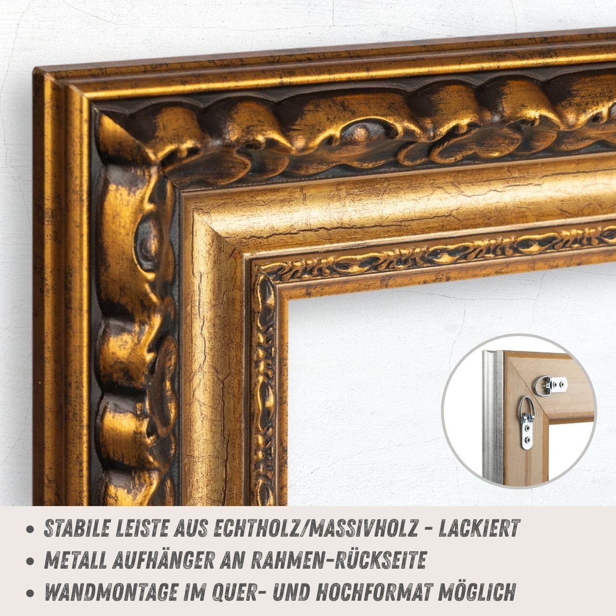 N°52 Barock Bilderrahmen 50x65 cm Bildmaß, Gold, Massivholz | Echtholz-Profilleiste 80 mm, Acrylglas glasklar & bruchsicher, Vintage-Stil, HDF-Rückwand, Metallaufhänger, handgefertigt