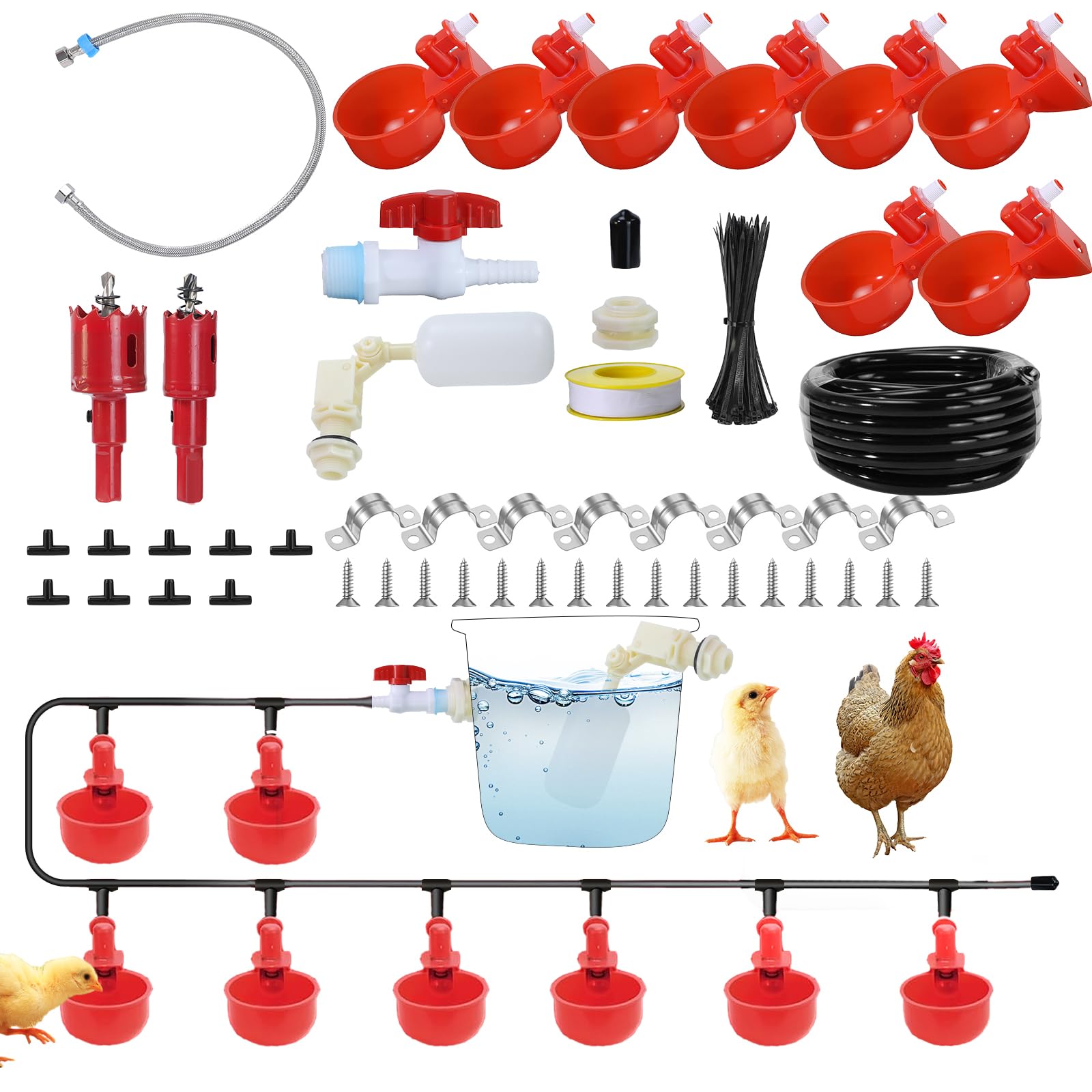 Sistema automatico di abbeveraggio per polli, con 8 coppette abbeveratoio, tubo in plastica nera da 6 metri, altri accessori per tubi, valvola a galleggiante che eroga automaticamente l'acqua