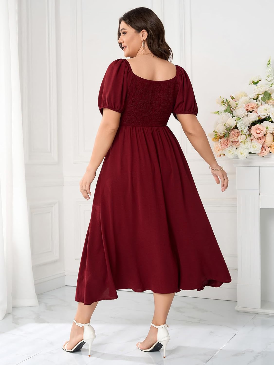 Women's Plus Size Summer Dress Short Sleeve Square Neck Milkmaid Dress Tie Front Split A-Line Maxi Long Dresses - Image 6