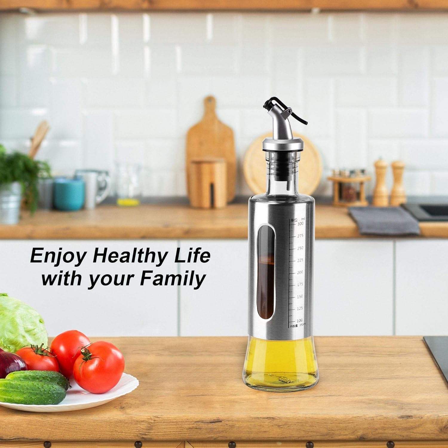 HomeCloud Stainless Steel And Glass Oil Dispenser Bottle With Measuring Scale | Perfect For Olive Oil, Sauces, And Vinegar | Leak-Proof Auto Flip Non-Drip Spout, 300 ML 4
