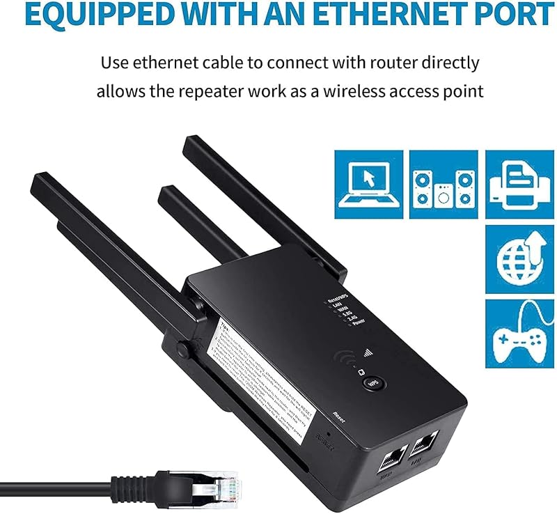 Aenxwa WiFi Jelerősítő 1200 Mbit/s Dual Band 2.4+5 GHz - 4 Antennás Repeater/Router/Access Point Üzemmód, LAN/WAN Port, 15 Eszköz Támogatás