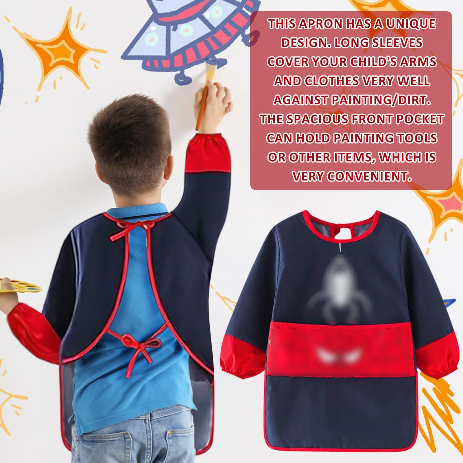 Tablier Peinture Enfant Imperméable Blouse 3-7 Ans avec Poches Manches Longues pour Activités Scolaires Dessin Cuisine