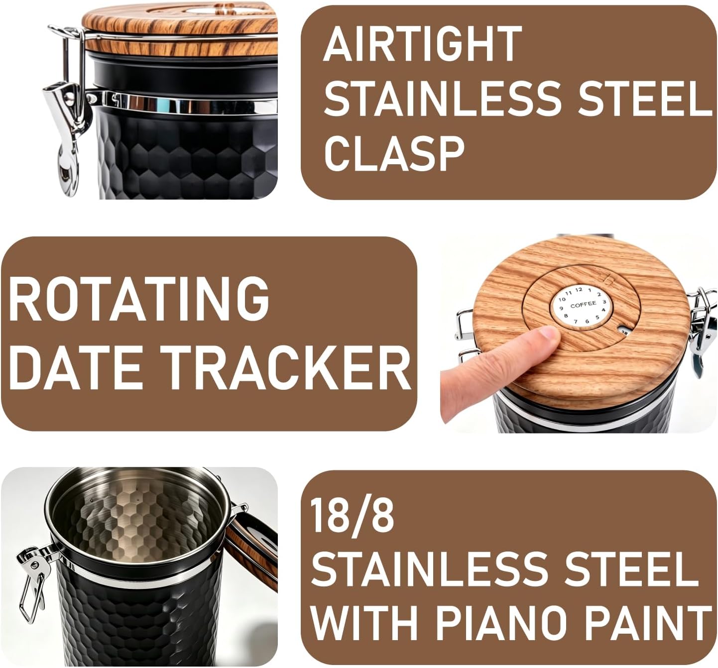 Coffee Canister 22oz Airtight Coffee Container with 304 Stainless Steel Vacuum Seal, Coffee Bean Storage Canister with Date Tracker & Spoon, Wood Grain Lid, Ground Coffee Storage Jar Black