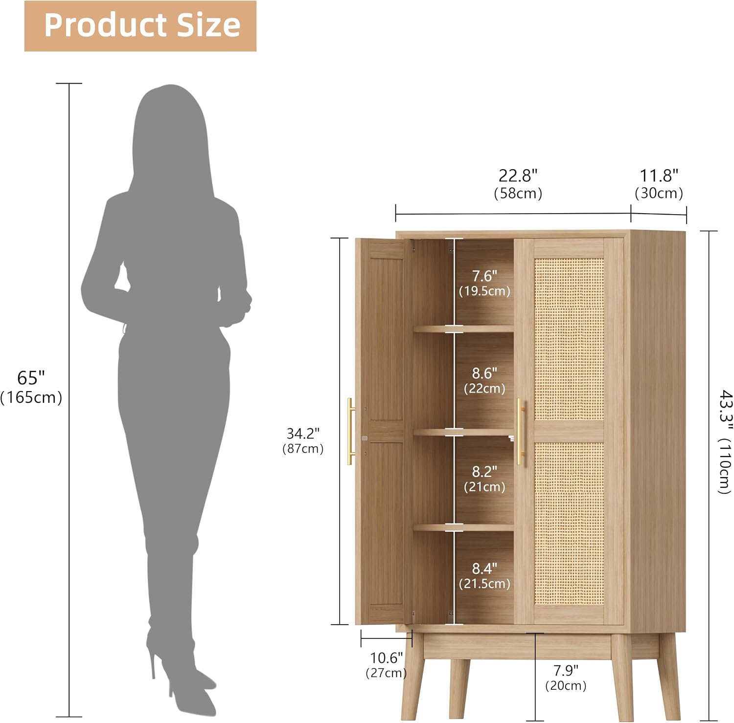 Diagram showing the dimensions of the Keehusux storage cabinet: 43.3 inches (110cm) height, 22.8 inches (58cm) width, 11.8 inches (30cm) depth. Internal shelf depths are also shown.