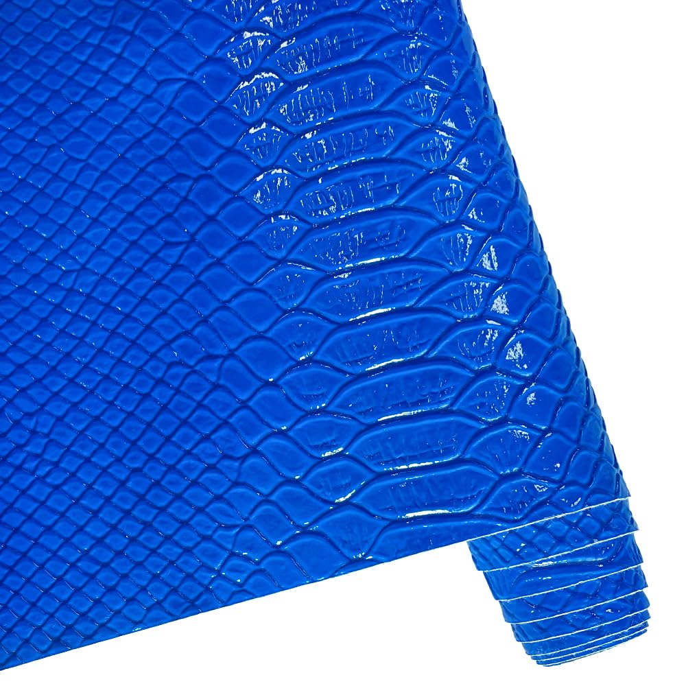 ONEART Rollo de piel sintética brillante con espejo de 12 x 54 pulgadas, piel de serpiente en relieve, tela de vinilo sintético para lazos, joyas, manualidades, color azul