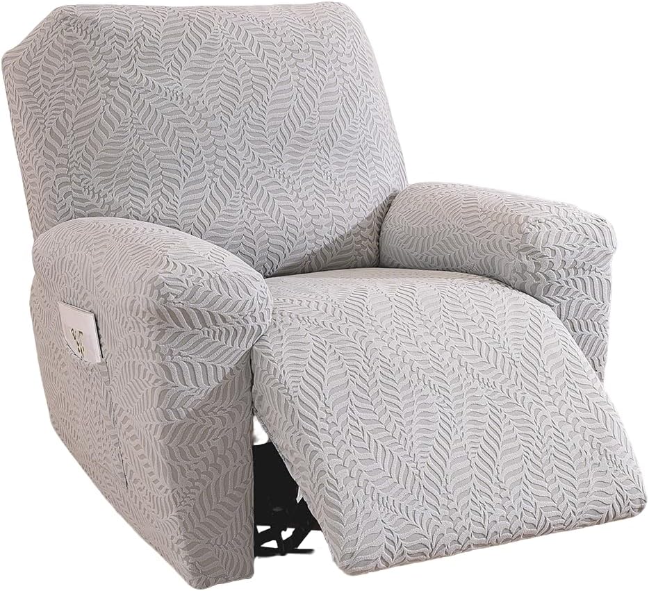 4-Pieces Recliner Chair Covers Leaf Sofa Slipcovers Silver Gray Stretch Slipcovers for 1 XL Seater Recliners with Arms