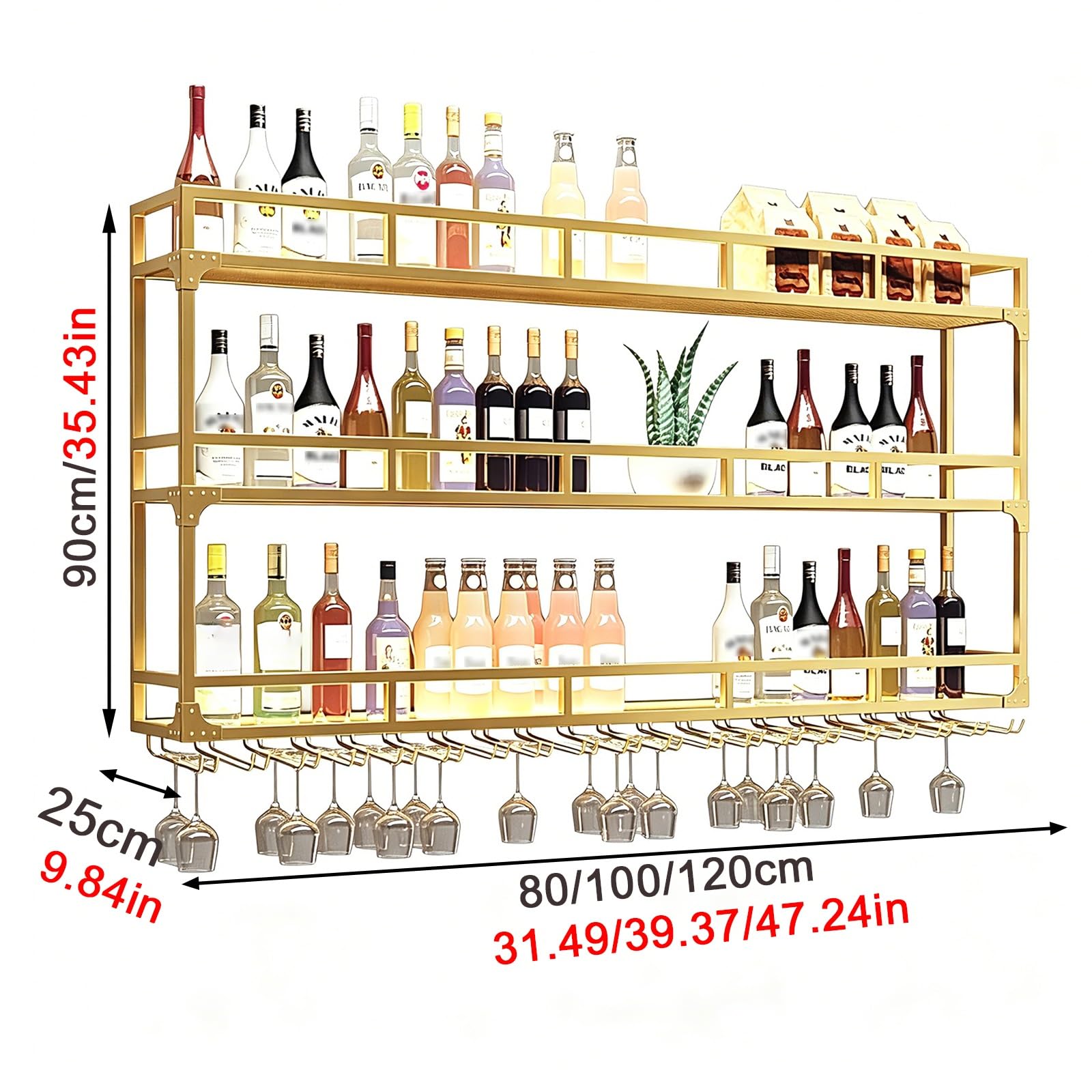 Regał na Wino Montowany na Ścianie z Paskiem LED Pogrubiona Rama Żelazna | Montowany na Ścianie Stojak na Wino, Lakierowanie Wysokotemperaturowe, do Salonu, Domu, Baru, Piwnicy(Gold,100x25x90cm)