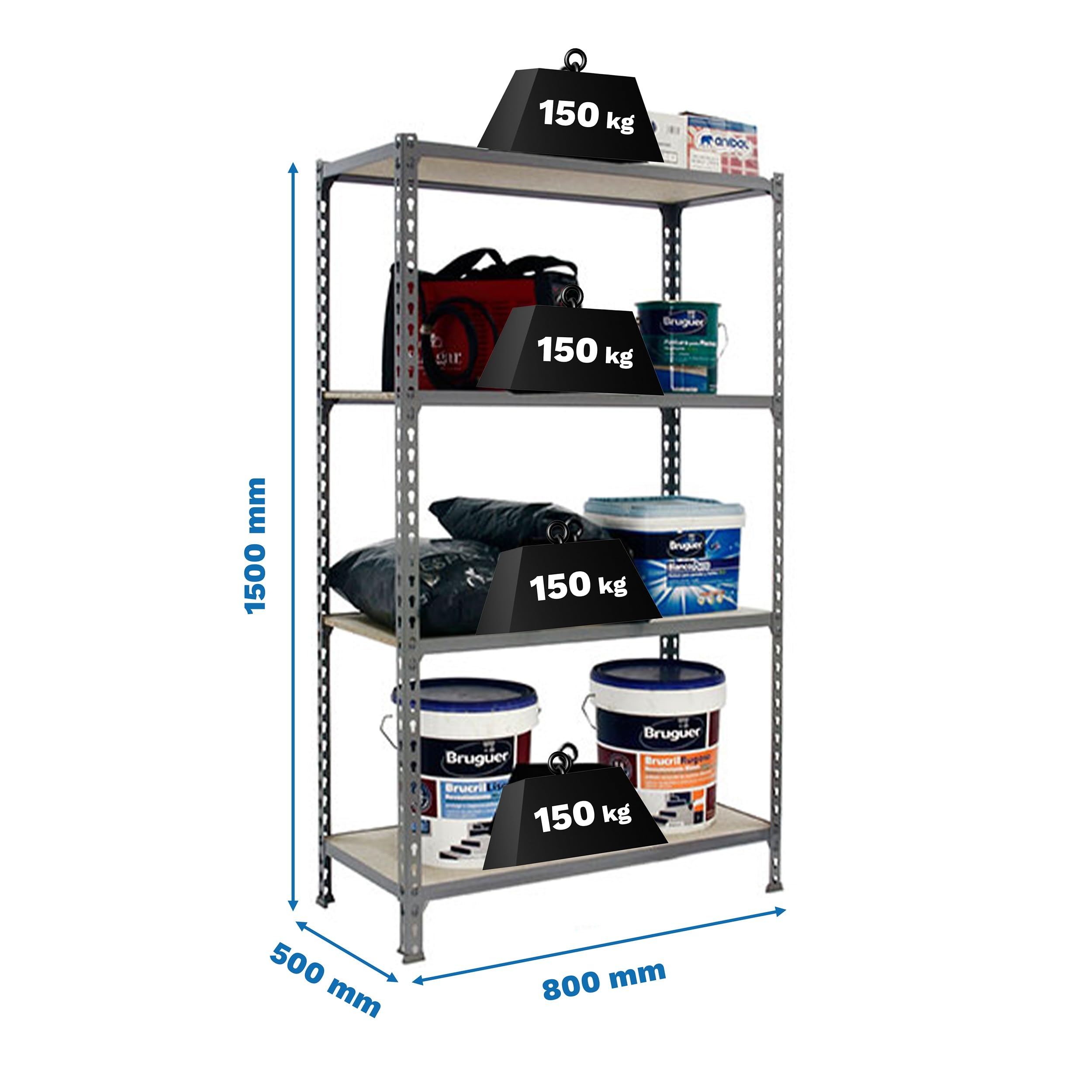 Simon Rack Regał metalowy z półkami z płyty MDF 1500x800x500 mm, 4 półek, nośność 150 kg na półkę, regał magazynowy i garażowy, stabilna konstrukcja, kolor Szary/Drewno – Simon Classic