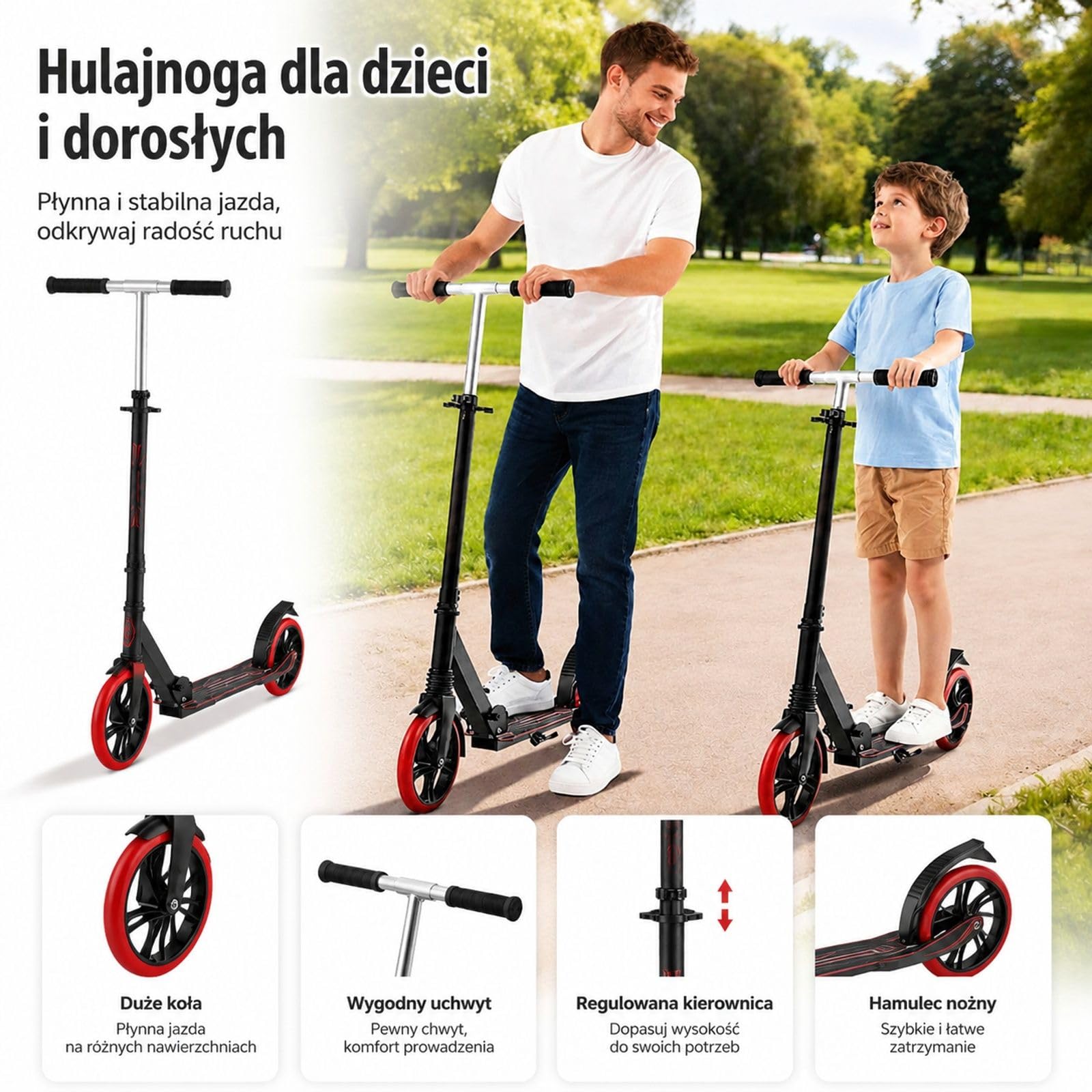 Składana hulajnoga miejska z 2 kołami PU, regulowaną kierownicą, lekką ramą, czarno-czerwona