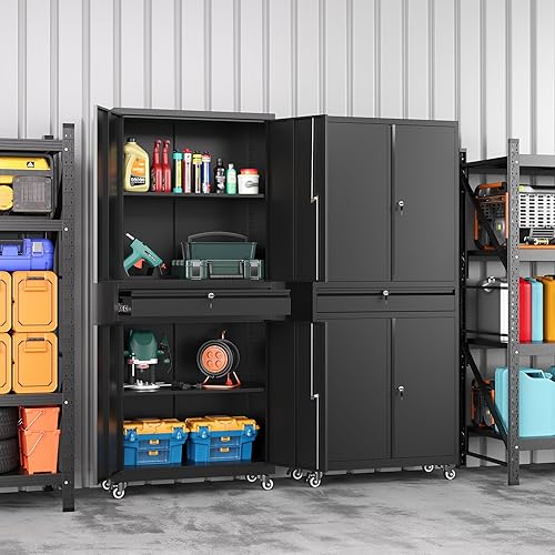 Vista 157 de Gabinete de metal de 72 pulgadas, armario de almacenamiento con bloqueo con 2 puertas y 5 estantes ajustables, gabinete de herramientas de acero