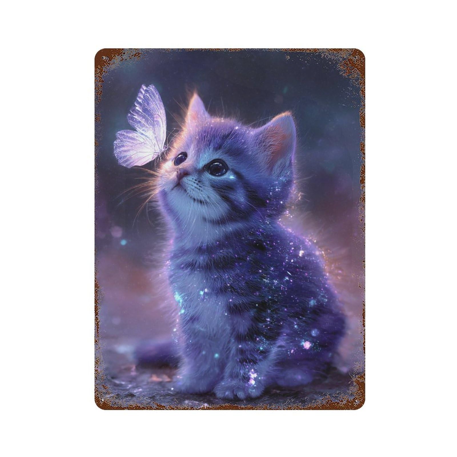 Garage Style Galaxy Kitten with Butterfly Rustic Tin Plaque 15.7"x11.8", Farmhouse Wall Decor for Bar And Workshop