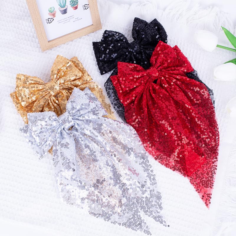 Sparkly Sequin Hair Bows for Women Girls Black & Silver Hair Bow Clips Glitter Hair Bows with Long Tail Large Hair Barrettes Bling Hair Accessories for Christmas Holiday Birthday Party - Image 6