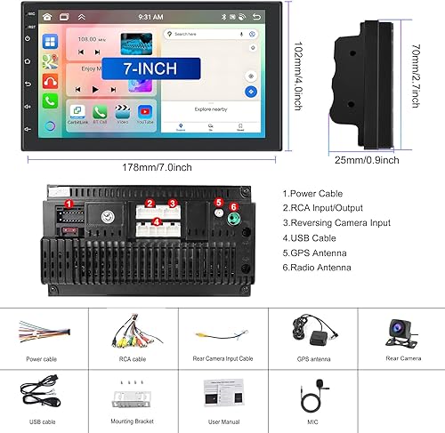 Miniatura 7 de Hodozzy Estéreo de coche Android, 8 núcleos doble DIN con 4 GB+64 GB, 7 pulgadas IPS pantalla táctil radio de coche con DSP navegación GPS Carplay