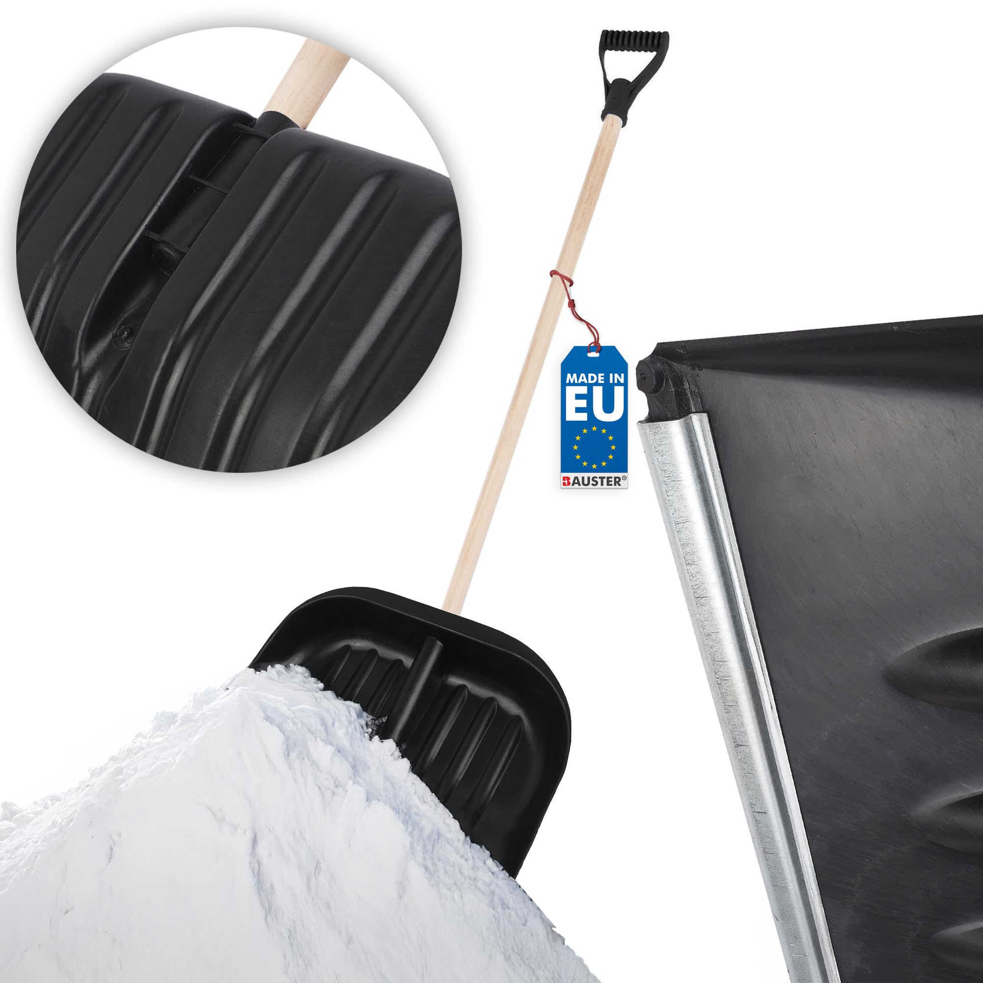 Schneeschaufel Set 4 Stück – Schneeschieber mit Aluminiumkante, Holzstiel & D-Griff – Robuste Schneeschaufeln für Einfahrt, Gehweg, Terrasse – Schwarz