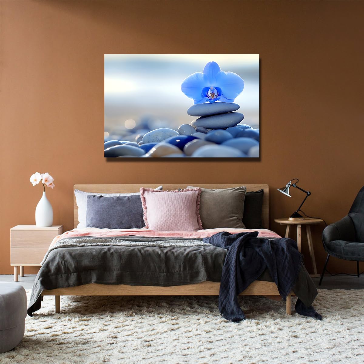 TOANGWALL Niebieska orchidea płótno sztuka ścienna kwiat zen obraz zen z kamieniem zrównoważona rama nowoczesna natura sztuka plakat do dekoracji biura sypialnia 30 x 45 cm