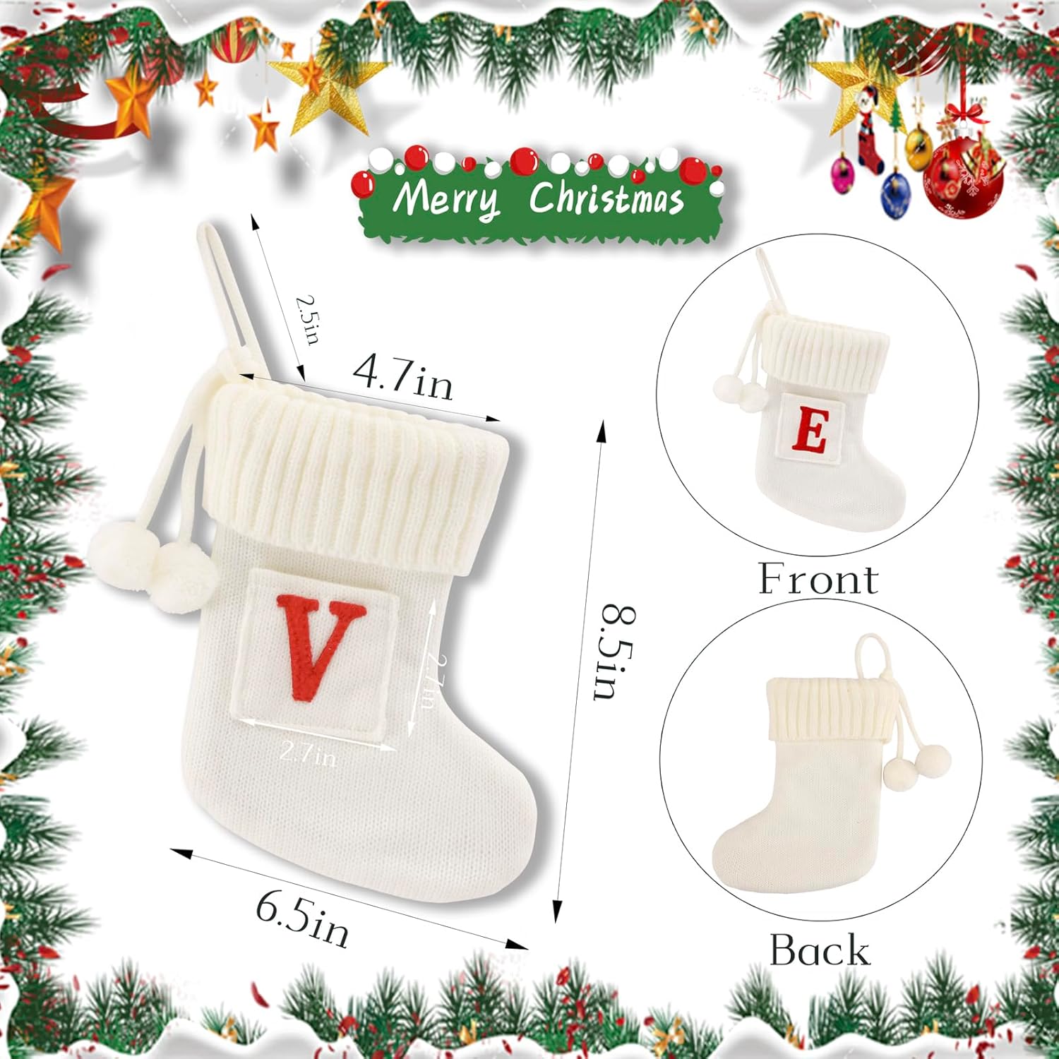 8.5 Inches Embroidered Letter Christmas Stocking Knitted Initials White Small Christmas Stockings for Family Holiday Decorations and Xmas Tree Fireplace-White-C-18