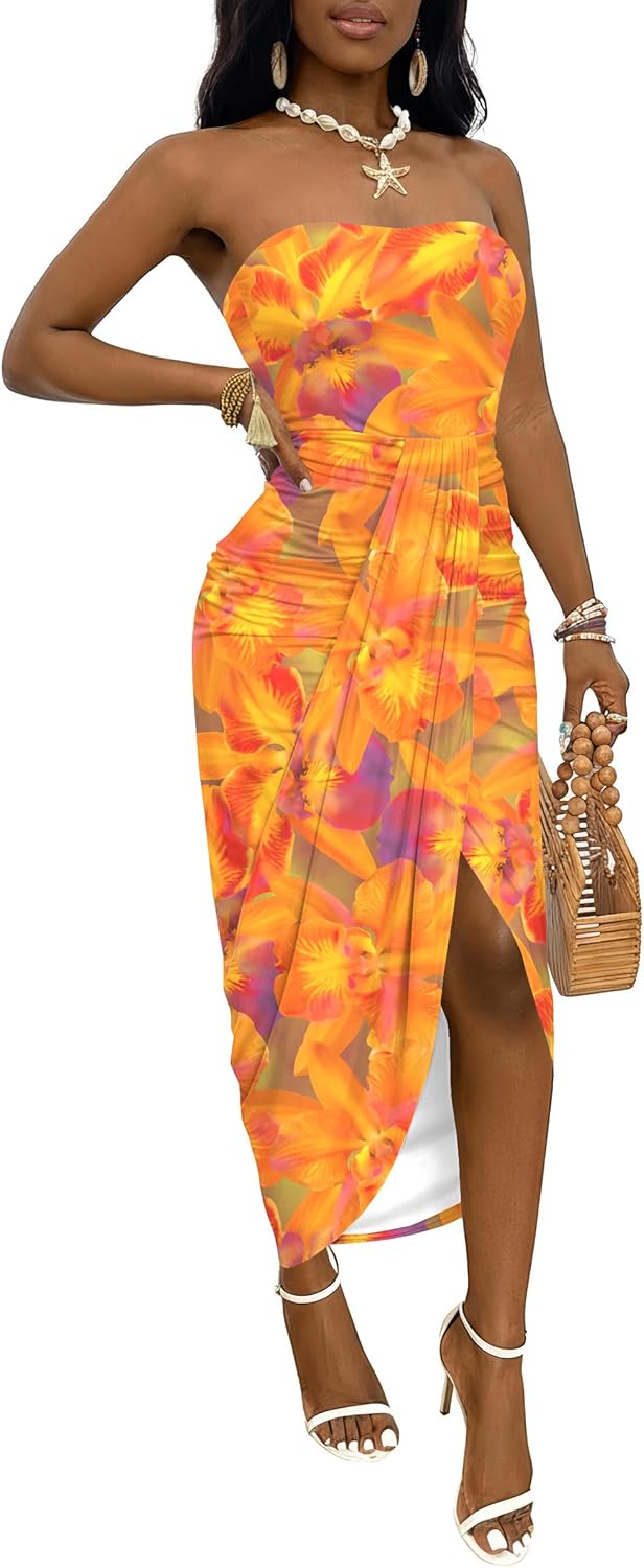 Umenlele Women's Strapless Ruched High Waist Wrap Split Asymmetrical Beach Maxi Long Dress - Image 5