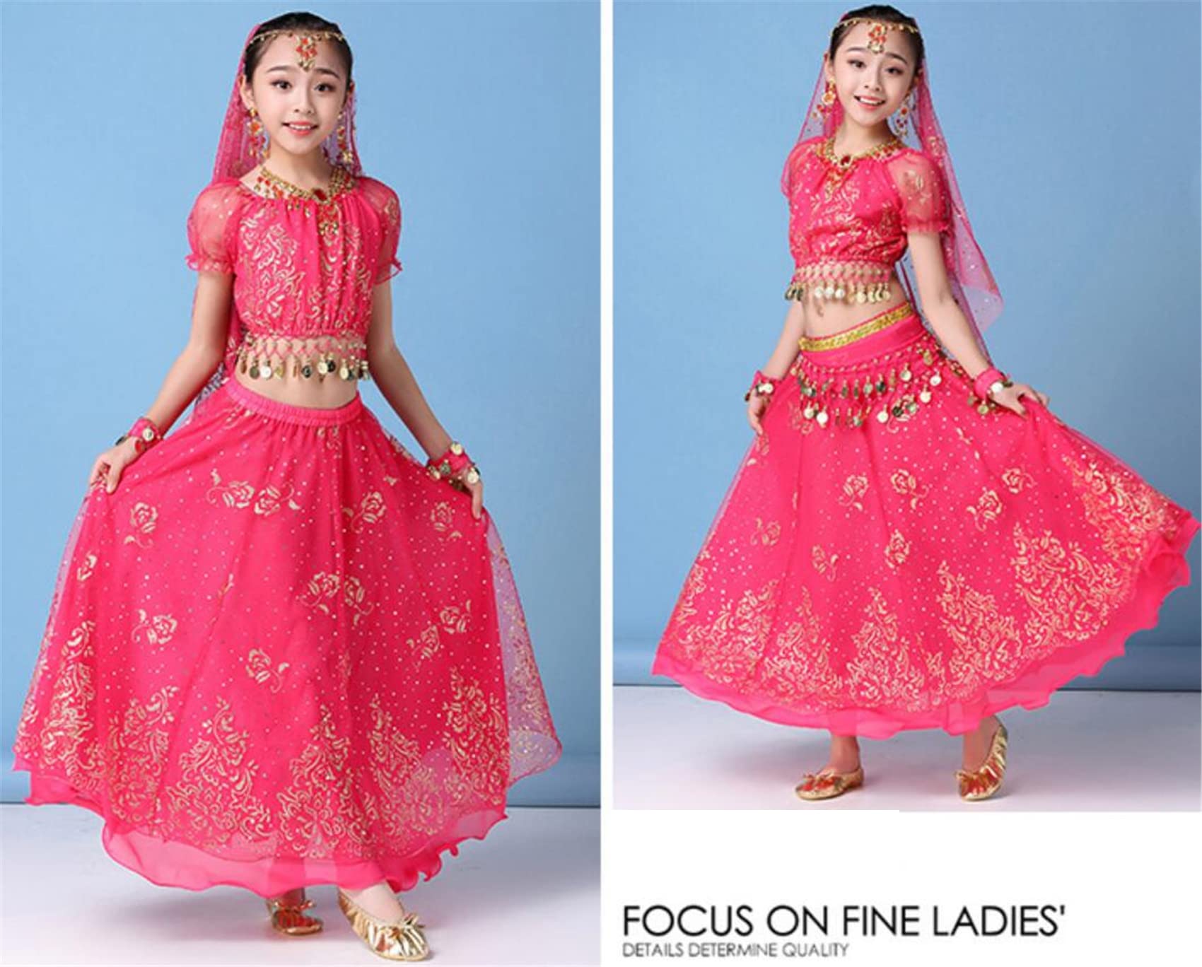 Bollywood Niña Vientre Trajes Traje de 5 Piezas Niños Indios Vestido de Baile Fantasía Fiesta Brillante Vestido de Carnaval