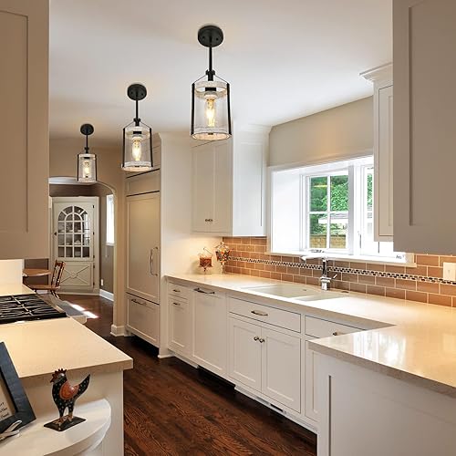 Miniatura 6 de Lámpara colgante de granja, luz de cocina de vidrio sembrado con jaula de metal, lámpara colgante rústica con acabado de madera envejecida, luz